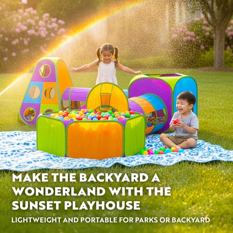 Playz 5-Piece Kids Pop up Play Tent Crawl Tunnel and Ball Pit with Basketball Hoop Playhouse for Boys, Girls, Babies, and Toddlers (Purple, Orange, Yellow, Red, Blue) - Image 2